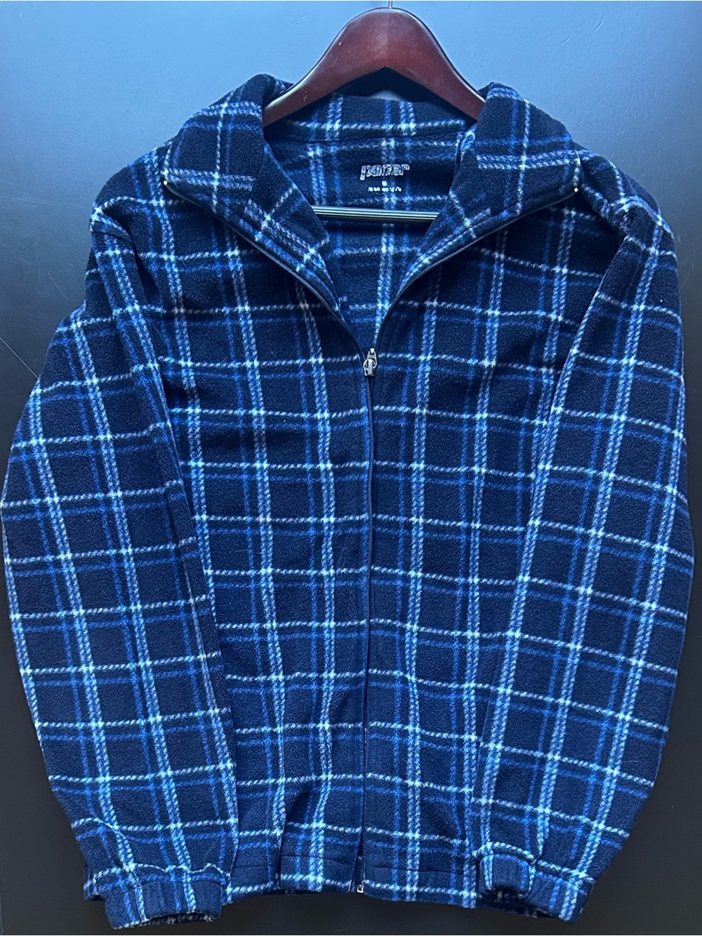 Navy Blue Plaid Zip-Up Jacket